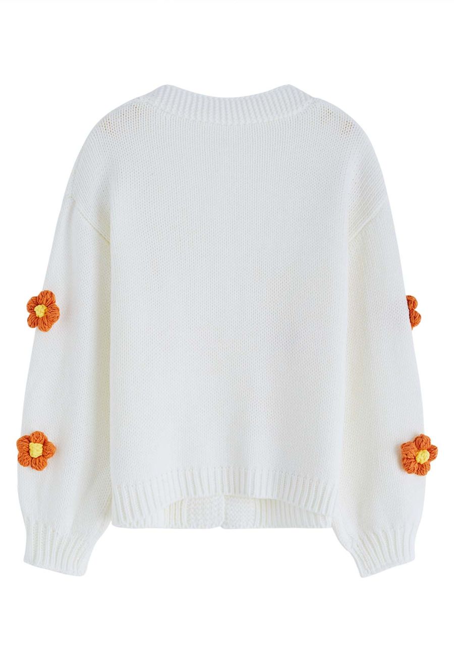 3D Stitch Flower Open Front Knit Cardigan in White