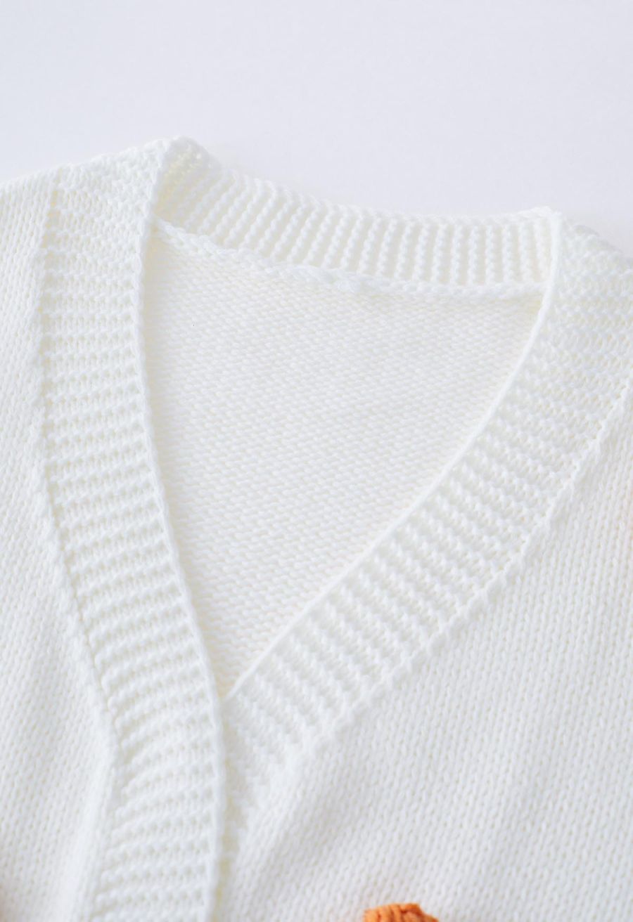 3D Stitch Flower Open Front Knit Cardigan in White