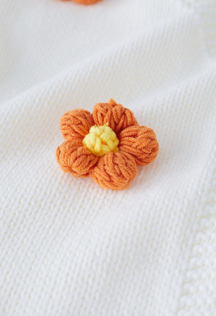 3D Stitch Flower Open Front Knit Cardigan in White