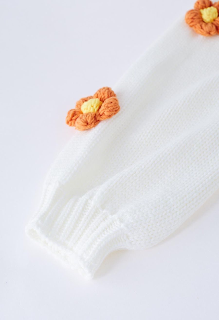 3D Stitch Flower Open Front Knit Cardigan in White
