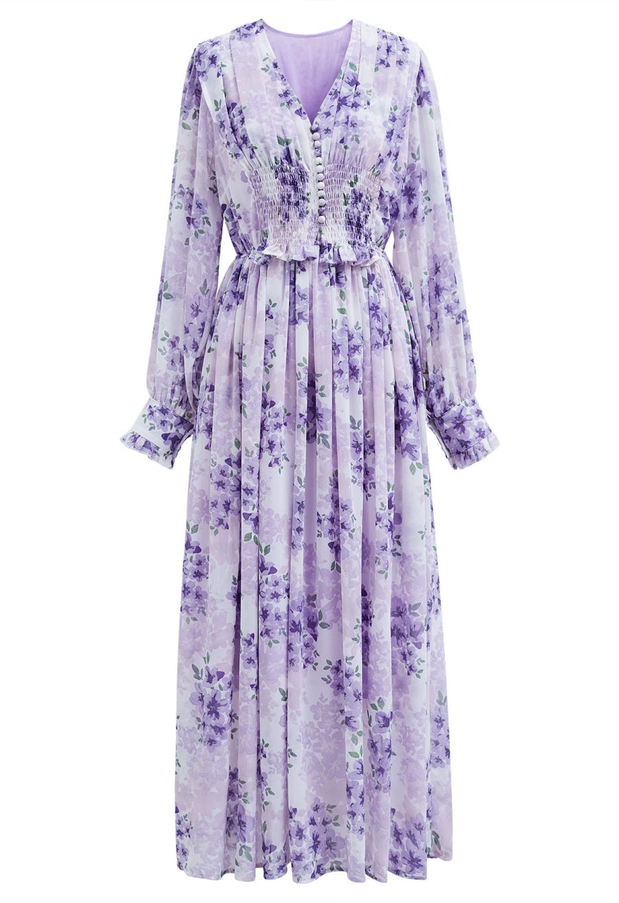 Delicate Floral Shirred Maxi Dress in Lilac