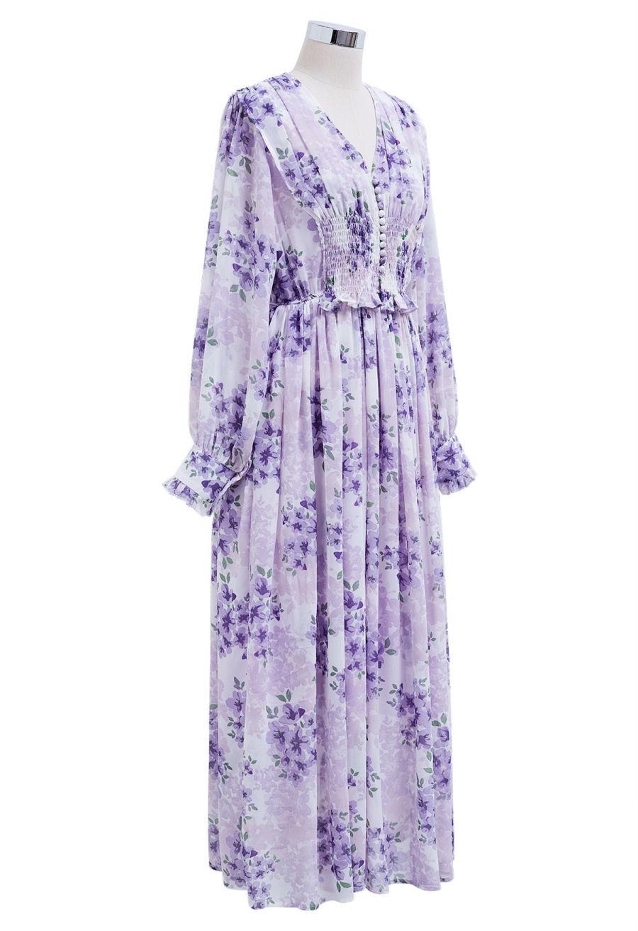Delicate Floral Shirred Maxi Dress in Lilac