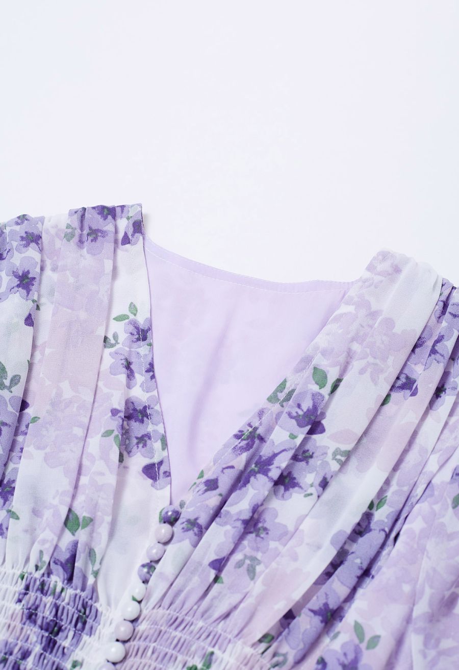 Delicate Floral Shirred Maxi Dress in Lilac