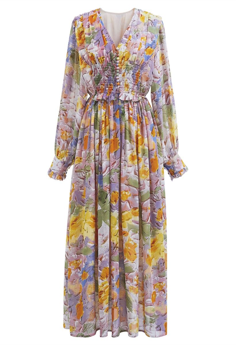 Delicate Floral Shirred Maxi Dress in Orange