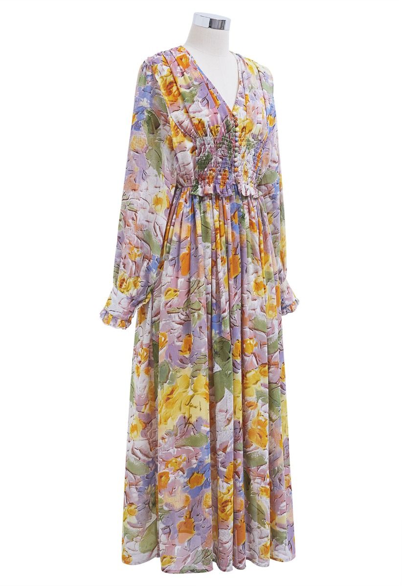 Delicate Floral Shirred Maxi Dress in Orange