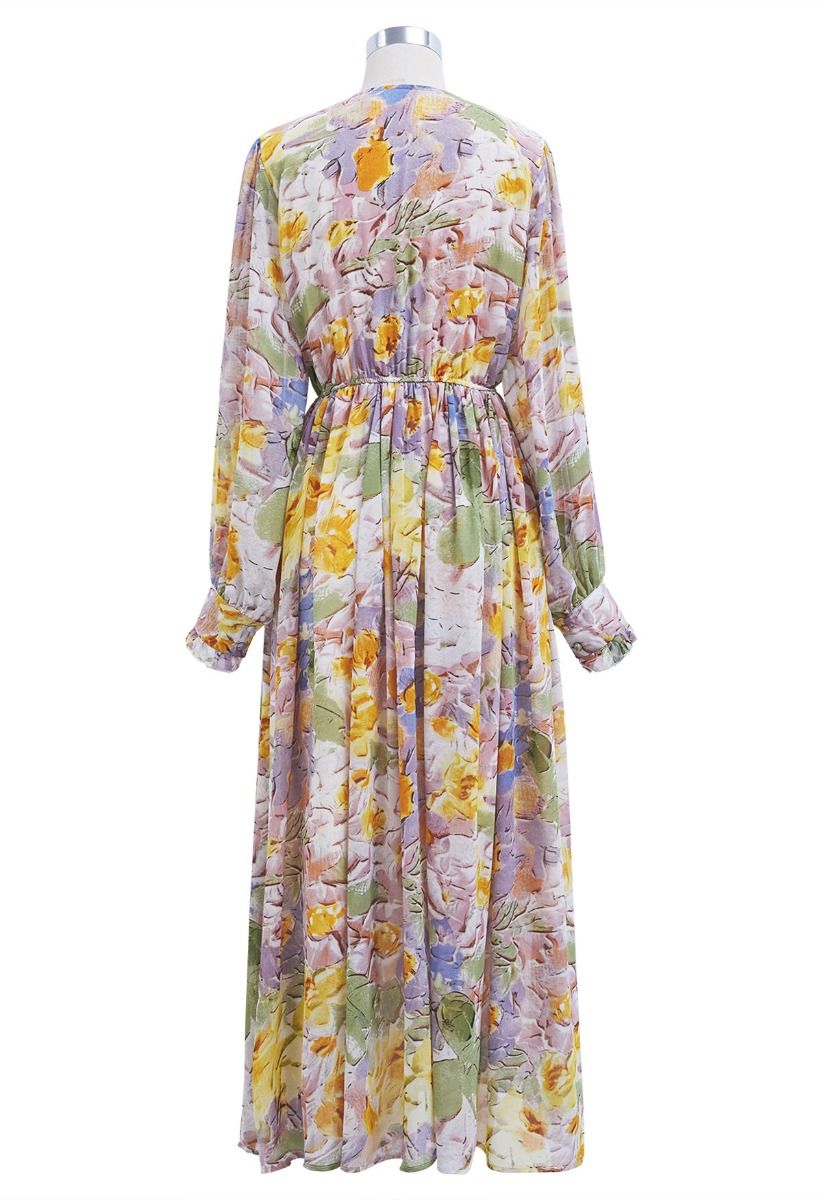 Delicate Floral Shirred Maxi Dress in Orange