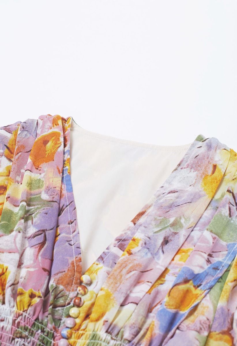 Delicate Floral Shirred Maxi Dress in Orange