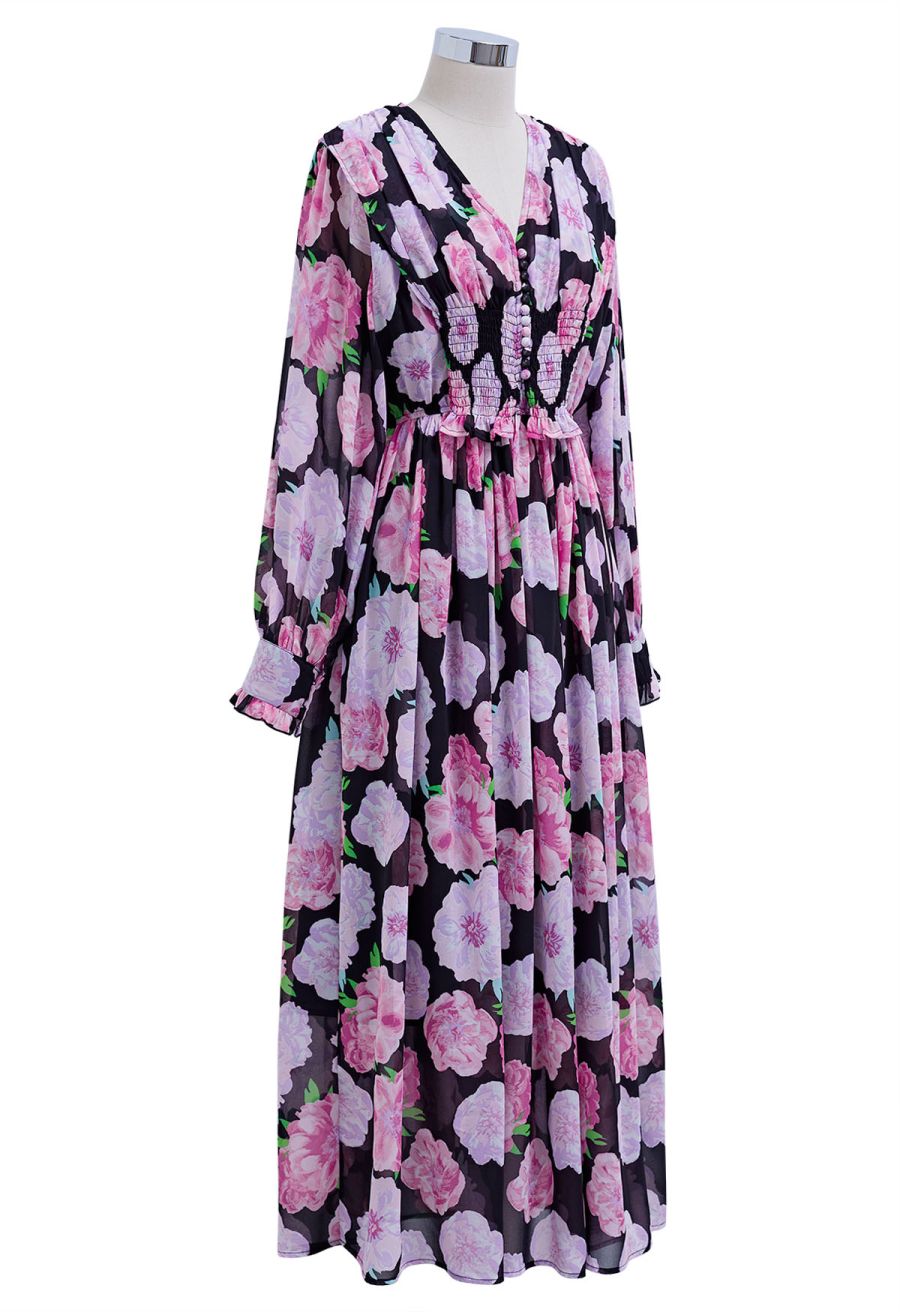 Delicate Floral Shirred Maxi Dress in Black