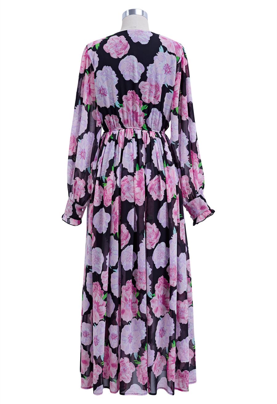 Delicate Floral Shirred Maxi Dress in Black