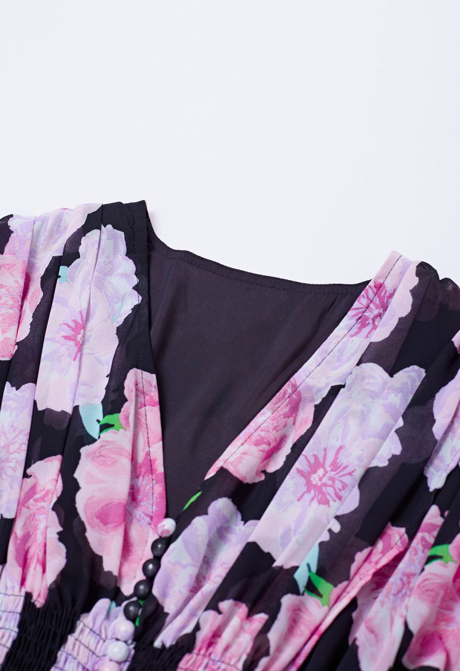 Delicate Floral Shirred Maxi Dress in Black