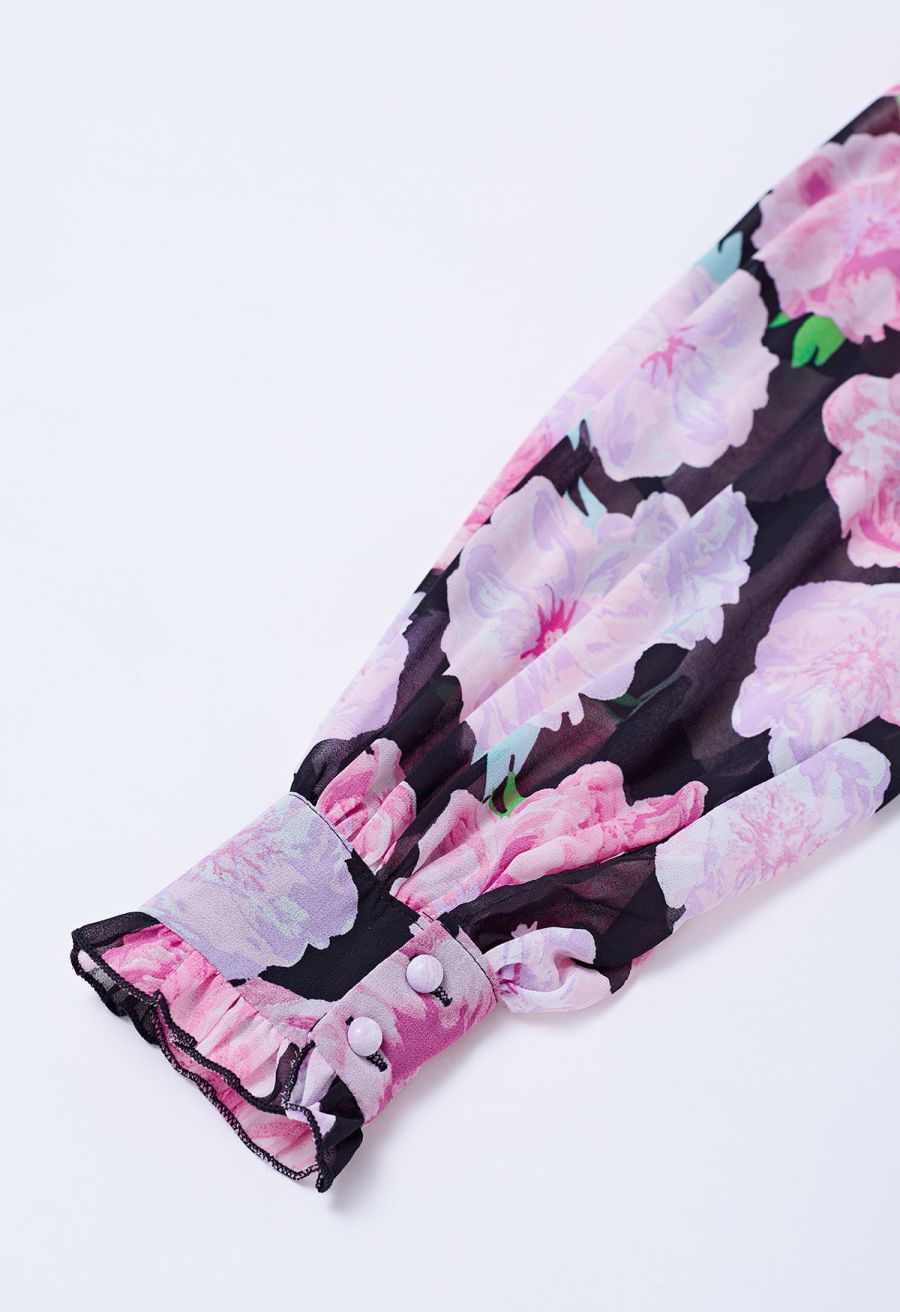 Delicate Floral Shirred Maxi Dress in Black