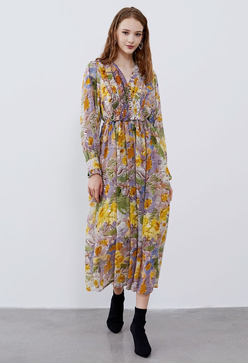 Delicate Floral Shirred Maxi Dress in Orange