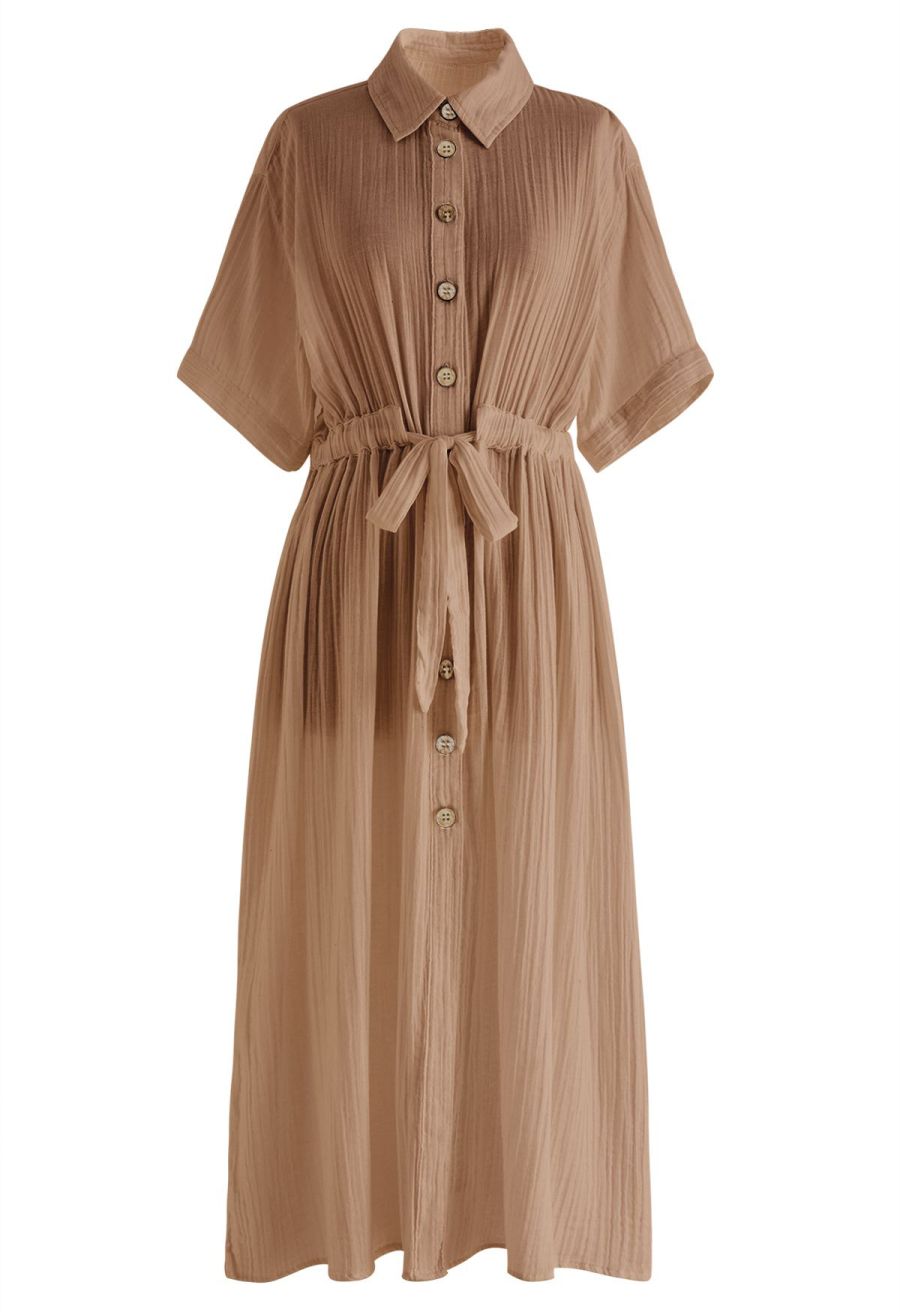 Sunshine Fun Time Button Front Shirt Dress in Tan