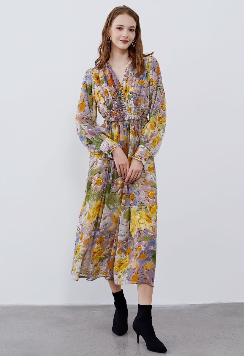 Delicate Floral Shirred Maxi Dress in Orange