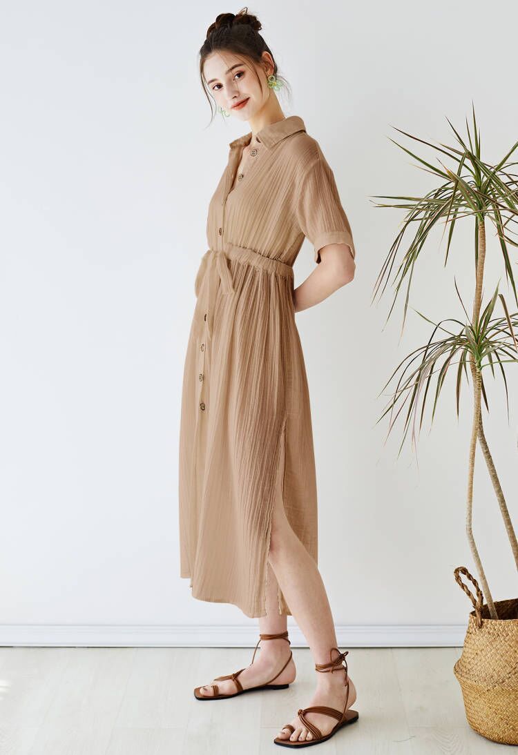 Sunshine Fun Time Button Front Shirt Dress in Tan