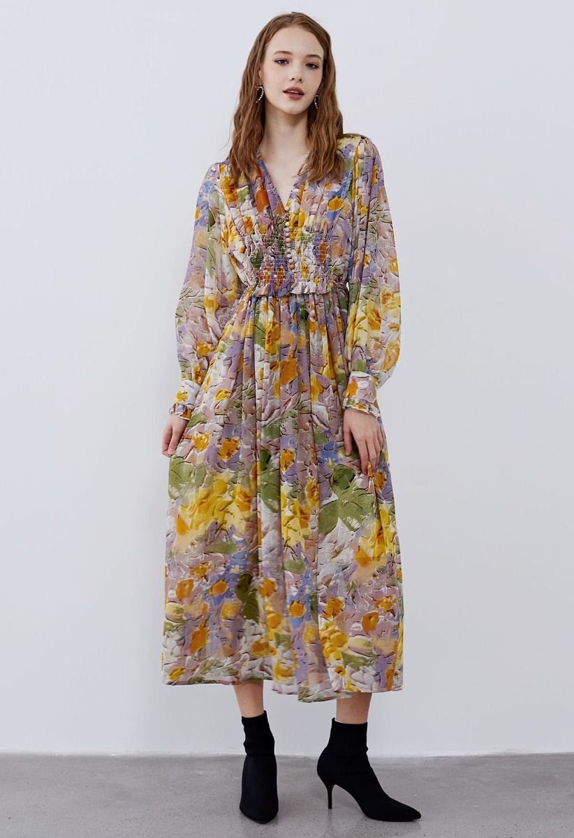 Delicate Floral Shirred Maxi Dress in Orange