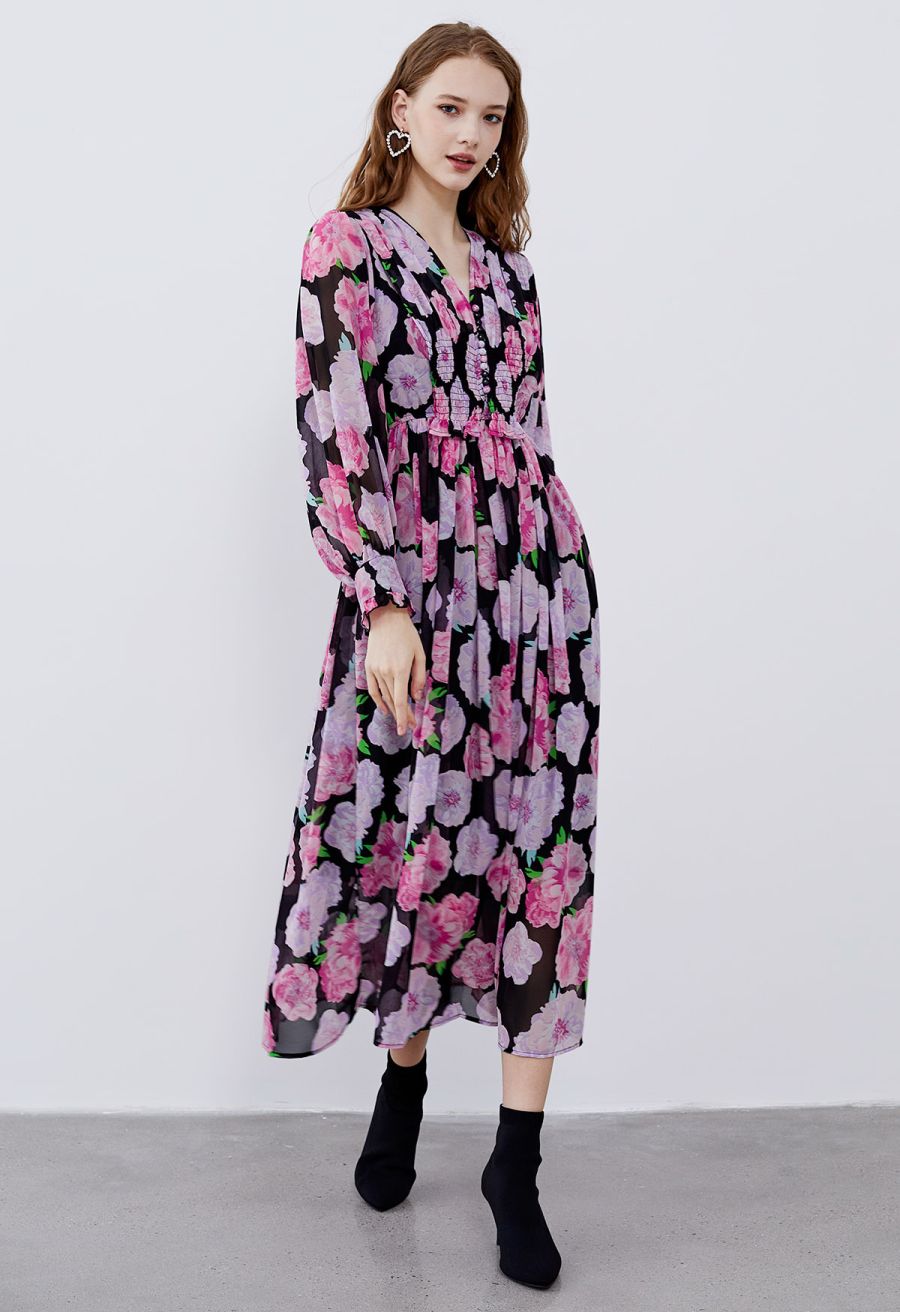 Delicate Floral Shirred Maxi Dress in Black