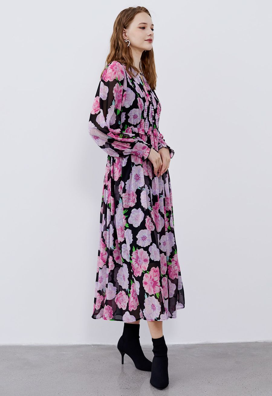 Delicate Floral Shirred Maxi Dress in Black