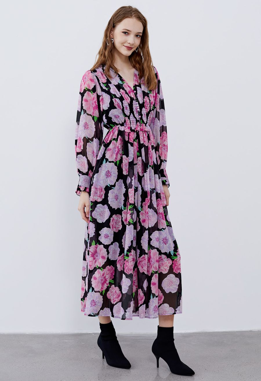 Delicate Floral Shirred Maxi Dress in Black