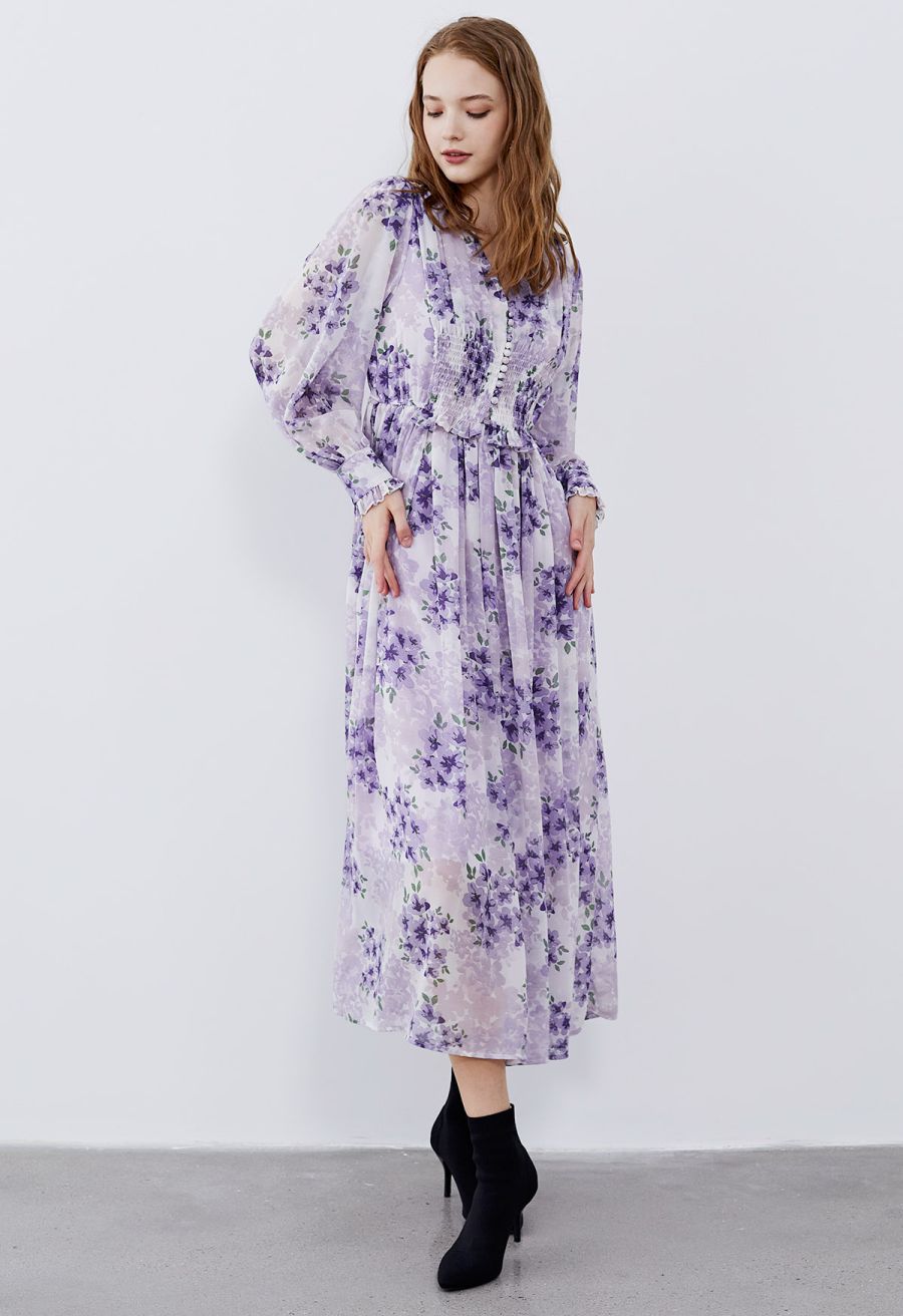 Delicate Floral Shirred Maxi Dress in Lilac