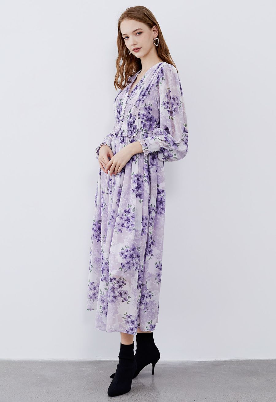 Delicate Floral Shirred Maxi Dress in Lilac