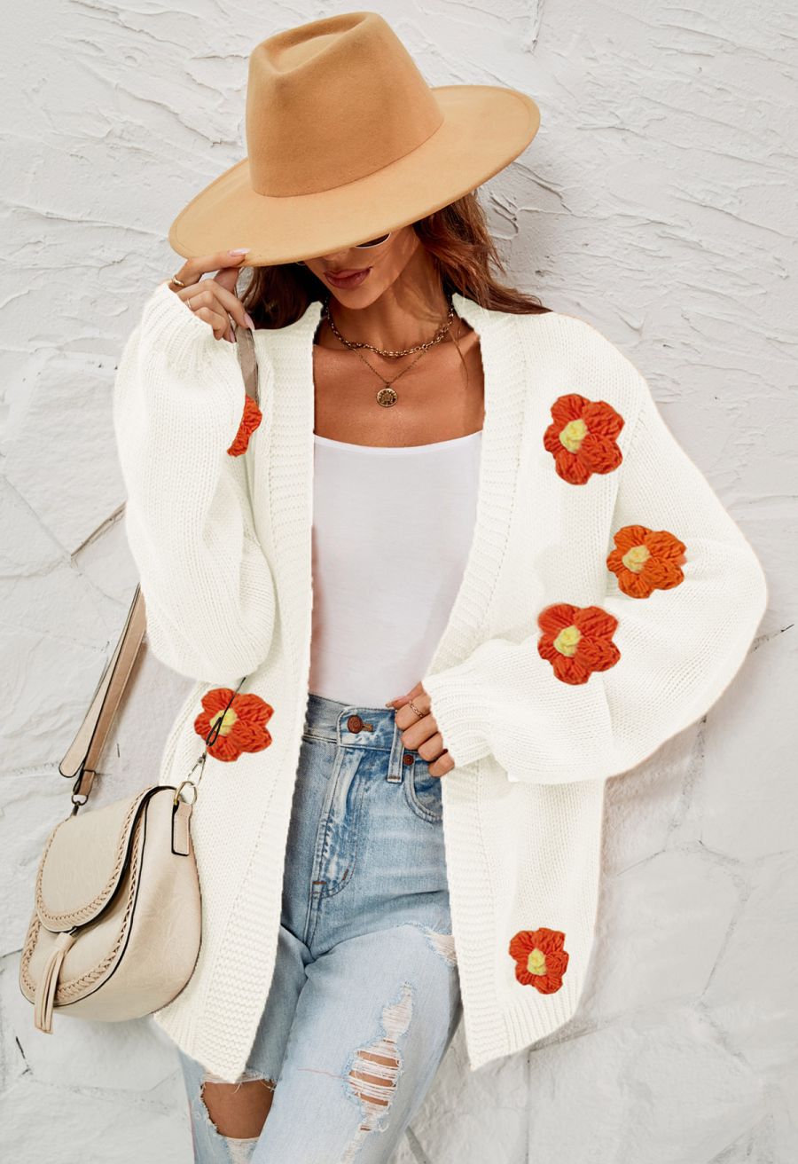 3D Stitch Flower Open Front Knit Cardigan in White