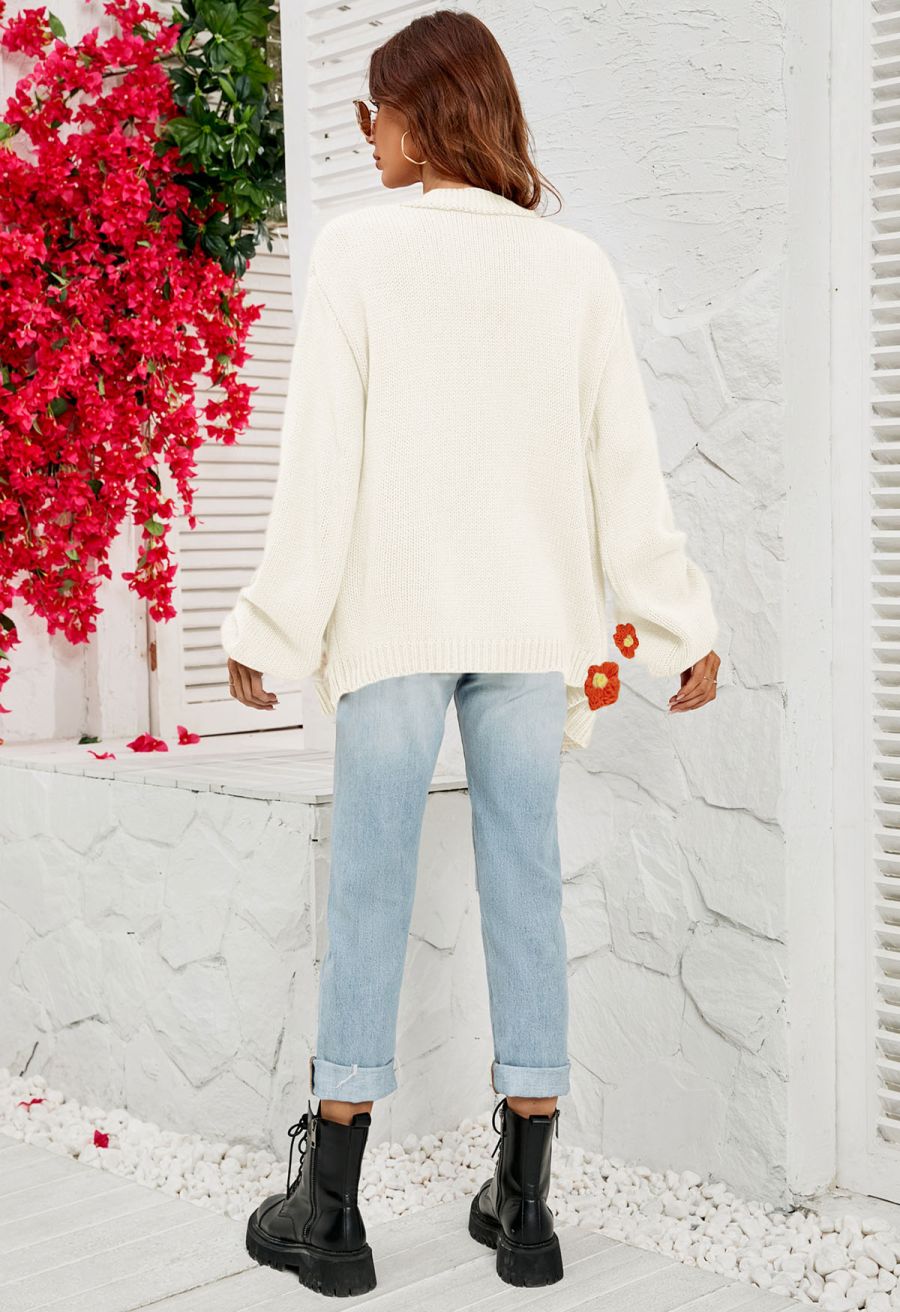 3D Stitch Flower Open Front Knit Cardigan in White