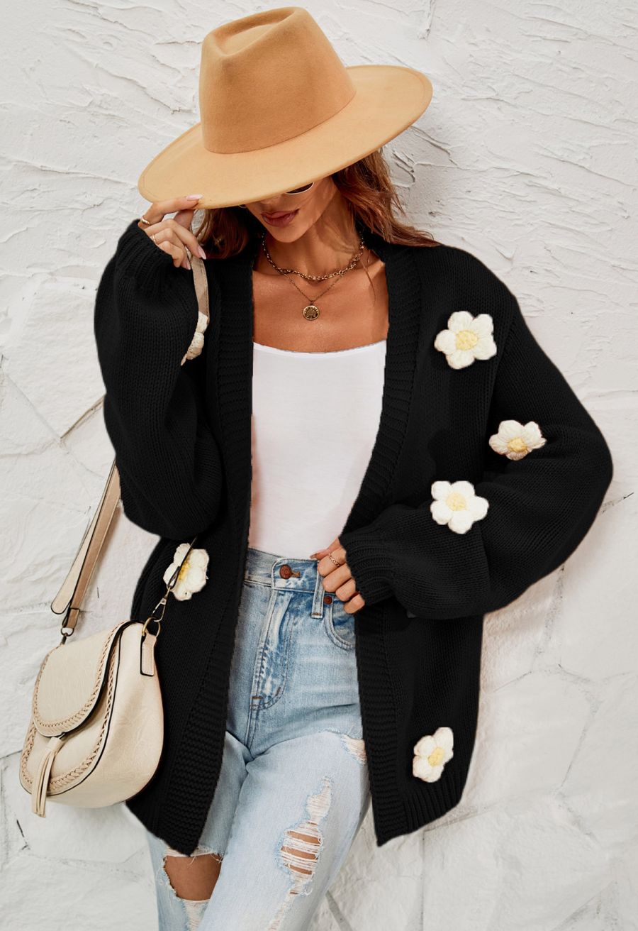 3D Stitch Flower Open Front Knit Cardigan in Black