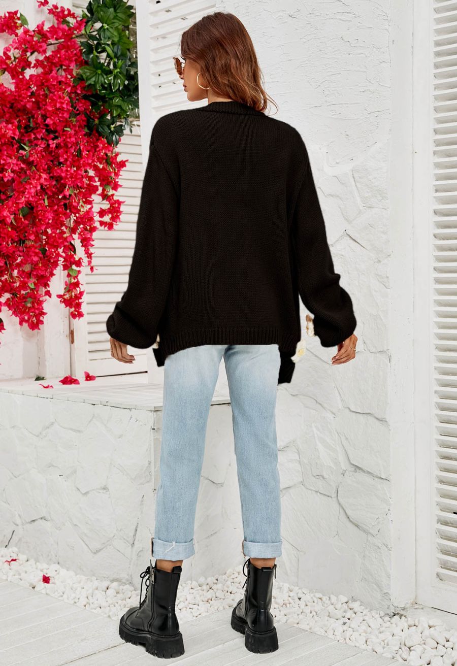 3D Stitch Flower Open Front Knit Cardigan in Black