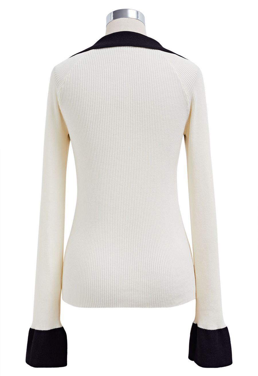 Square Neck Collared Color Block Knit Top in Cream