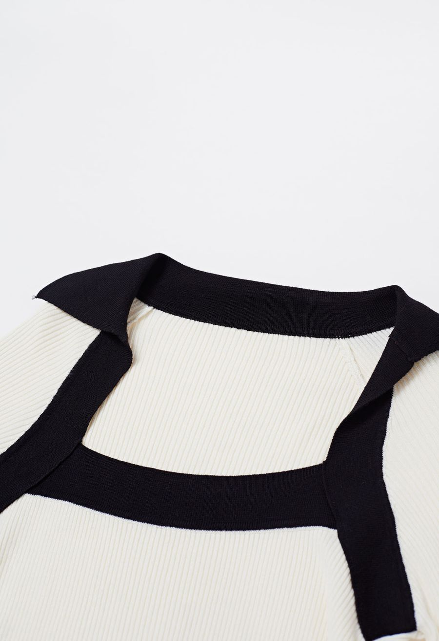 Square Neck Collared Color Block Knit Top in Cream