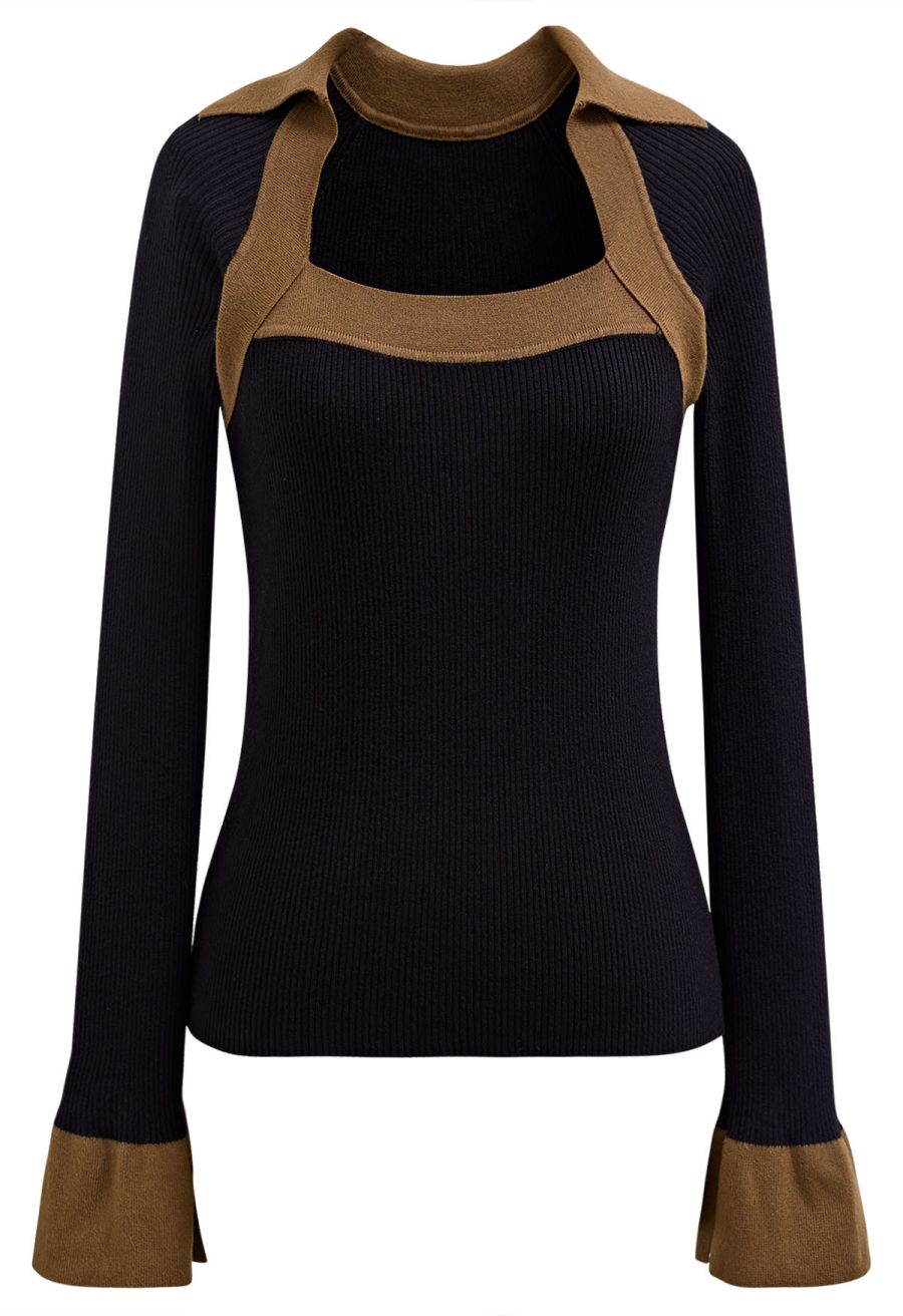Square Neck Collared Color Block Knit Top in Black