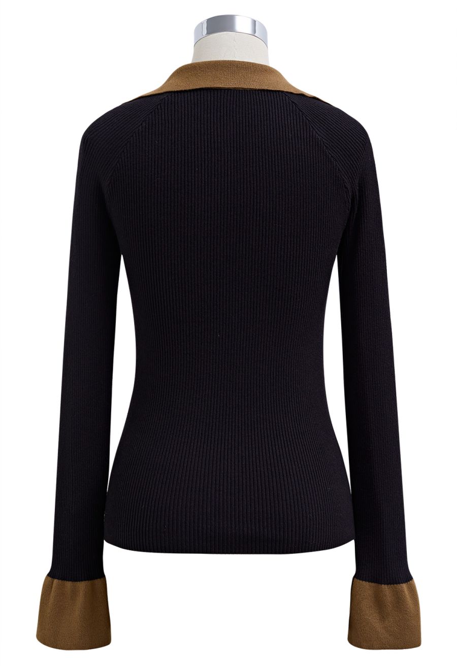 Square Neck Collared Color Block Knit Top in Black