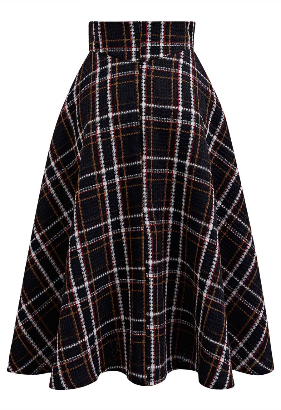 Plaid Tweed High-Waist A-Line Midi Skirt in Black