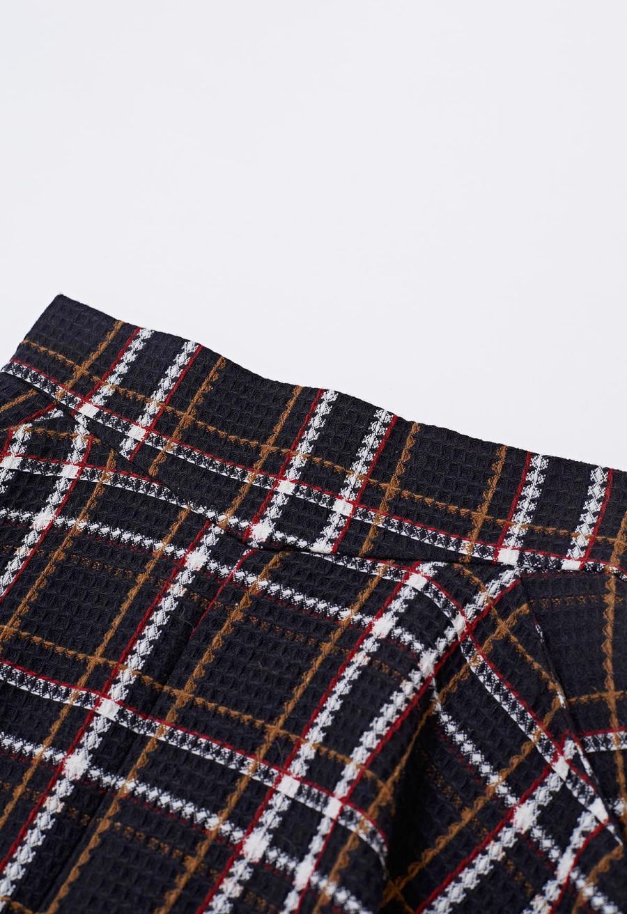 Plaid Tweed High-Waist A-Line Midi Skirt in Black