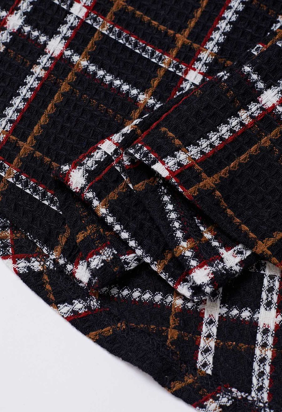 Plaid Tweed High-Waist A-Line Midi Skirt in Black