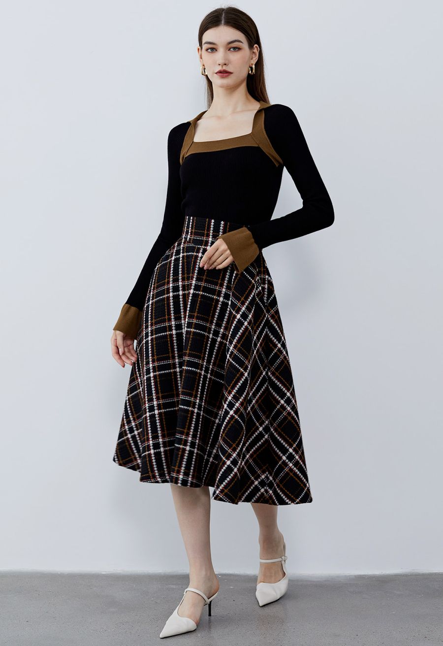 Plaid Tweed High-Waist A-Line Midi Skirt in Black