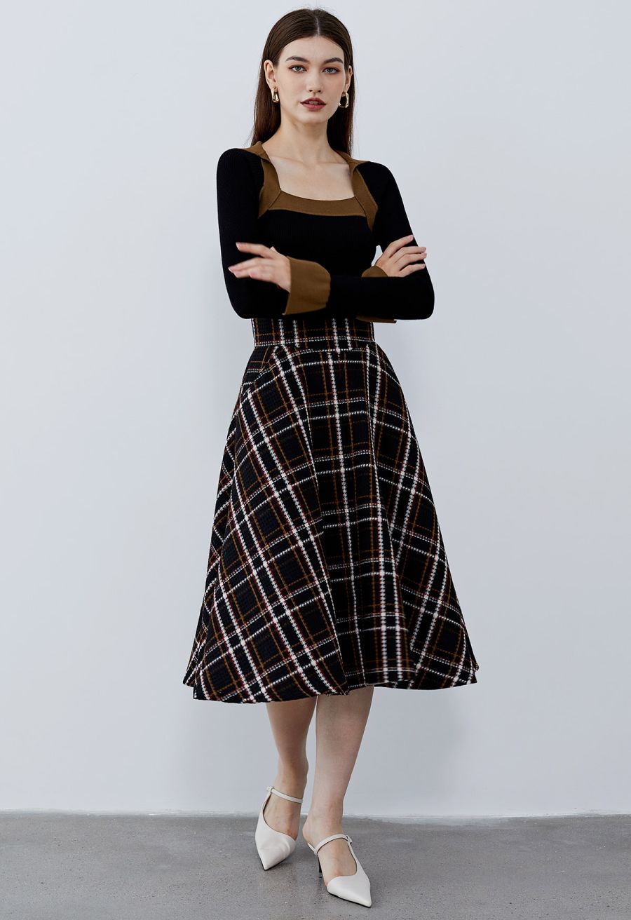 Plaid Tweed High-Waist A-Line Midi Skirt in Black