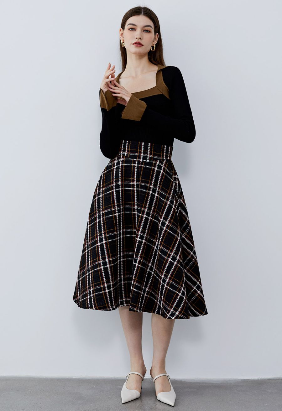 Plaid Tweed High-Waist A-Line Midi Skirt in Black