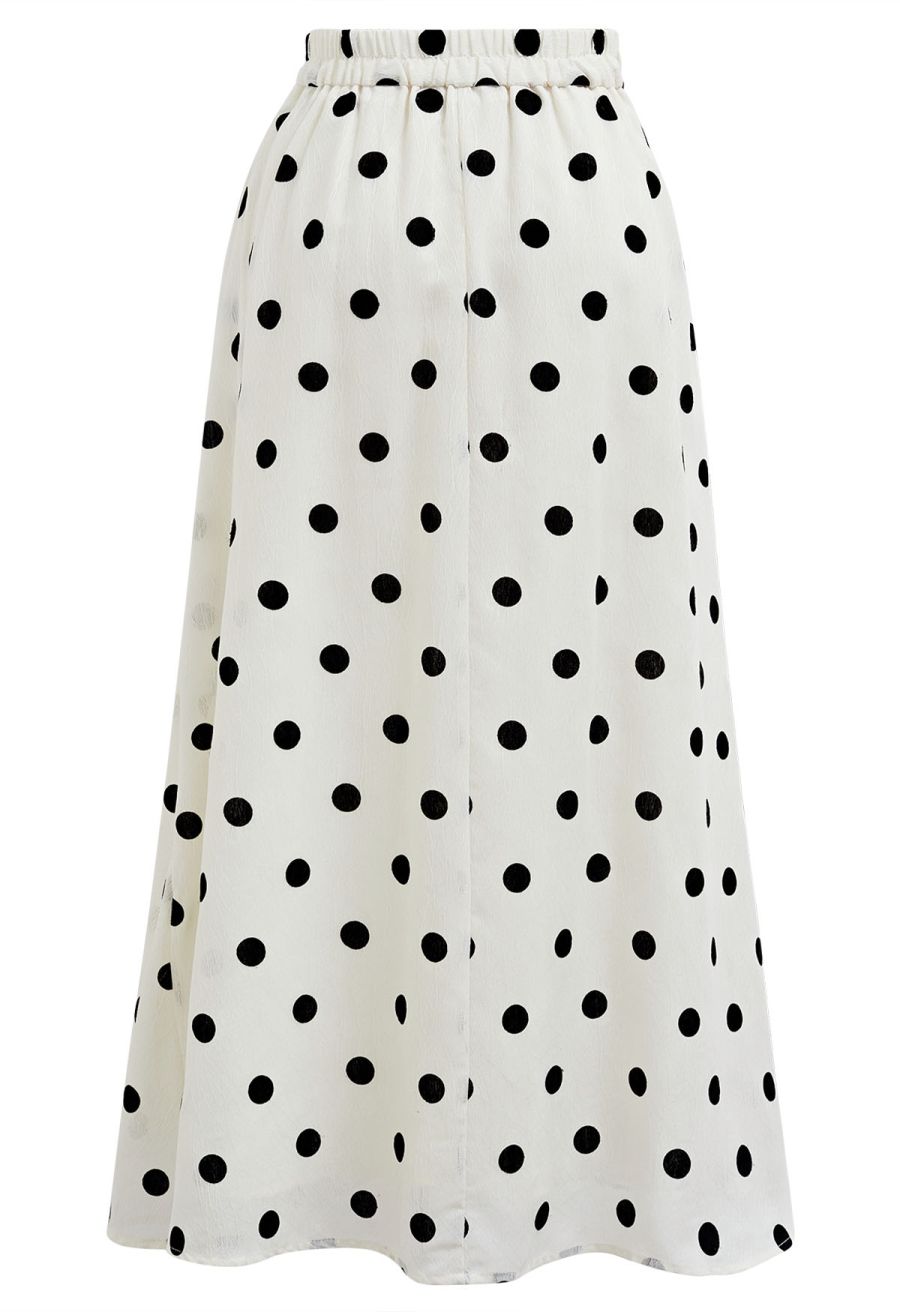 Texture Polka Dot Printed Pleated Maxi Skirt in Cream