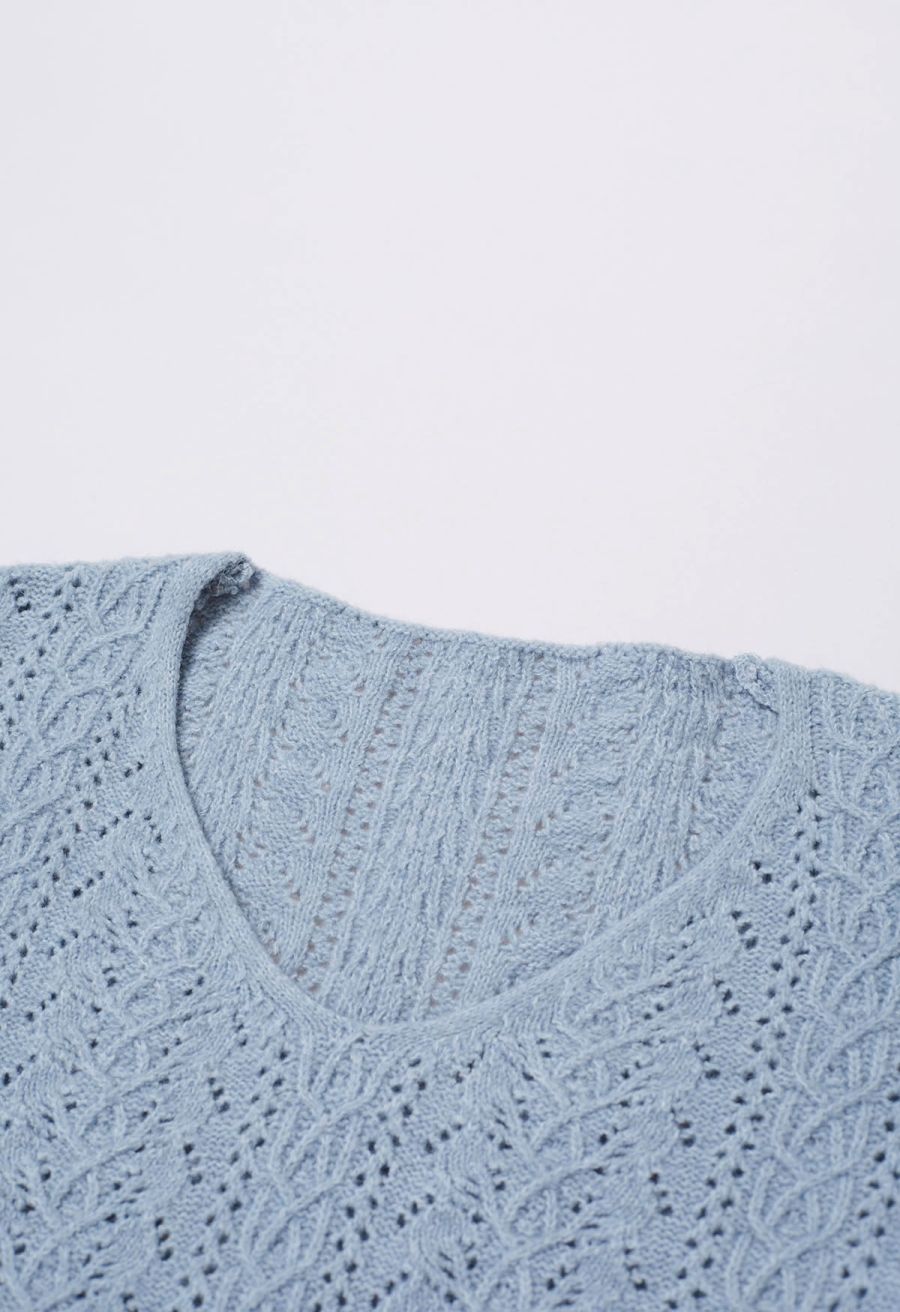 V-Neck Pointelle Knit Sweater in Dusty Blue