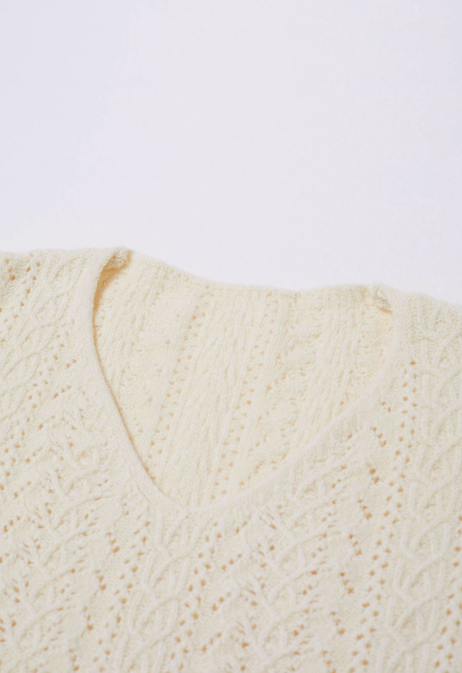 V-Neck Pointelle Knit Sweater in Cream