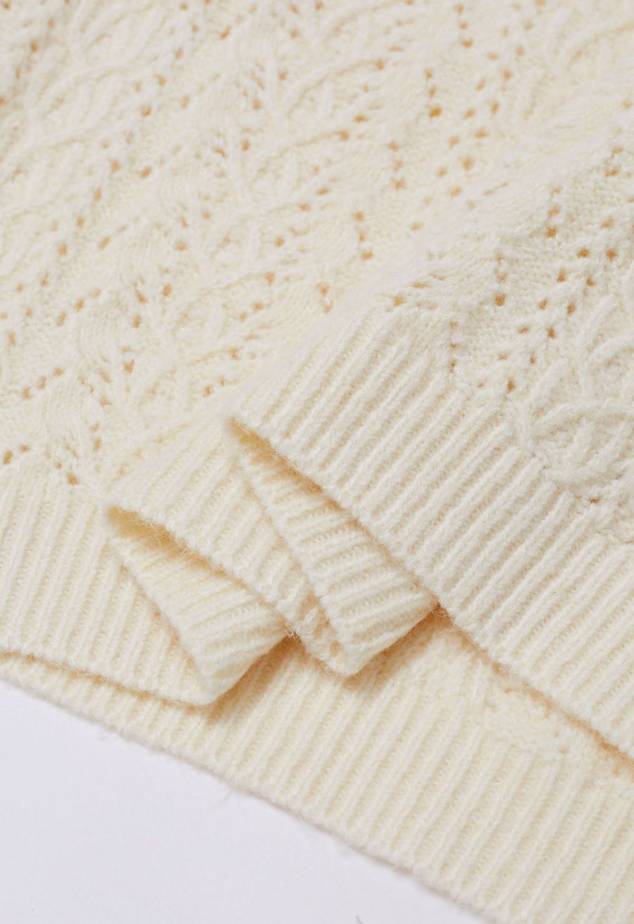 V-Neck Pointelle Knit Sweater in Cream