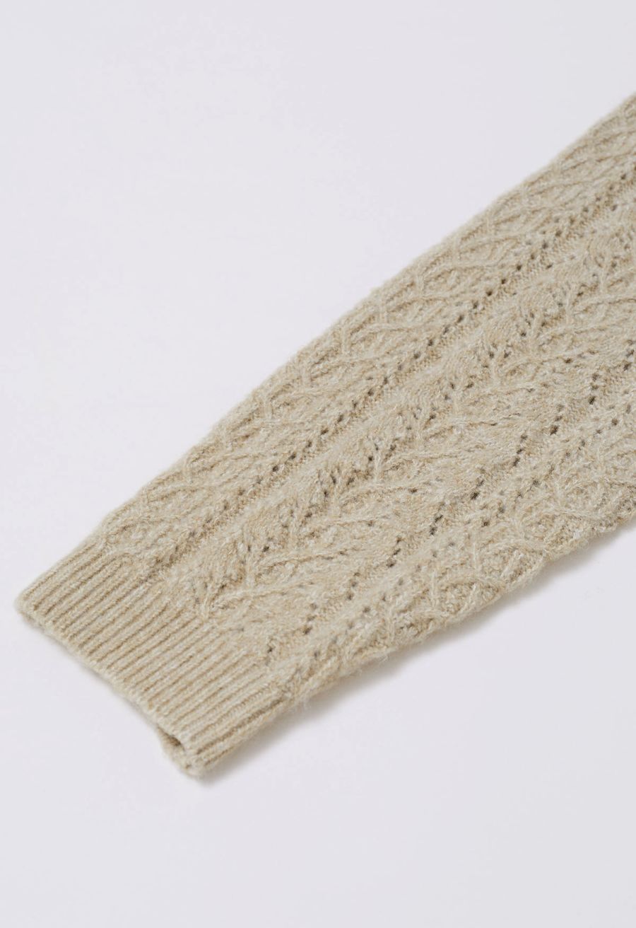 V-Neck Pointelle Knit Sweater in Light Tan