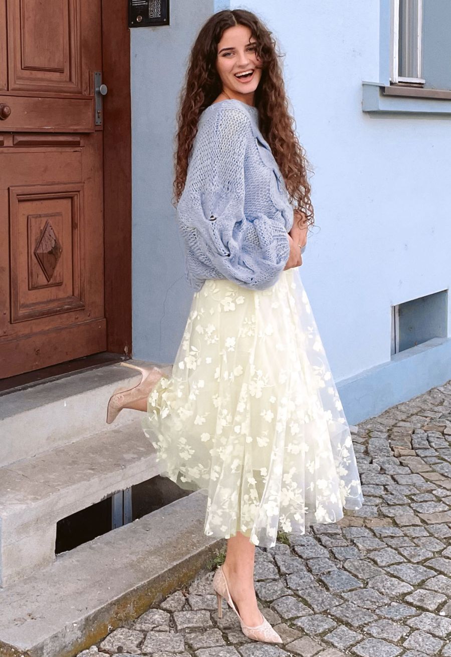 3D Posy Double-Layered Mesh Midi Skirt in Cream