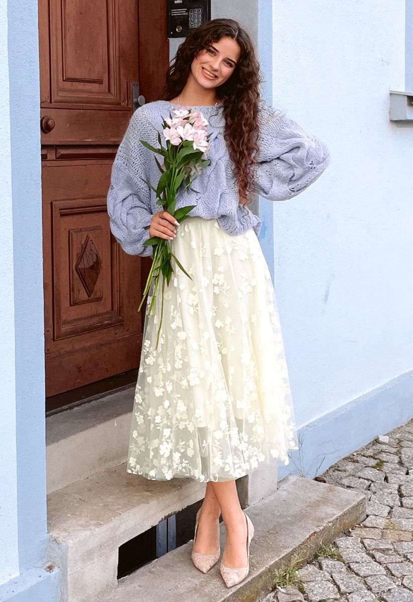 3D Posy Double-Layered Mesh Midi Skirt in Cream