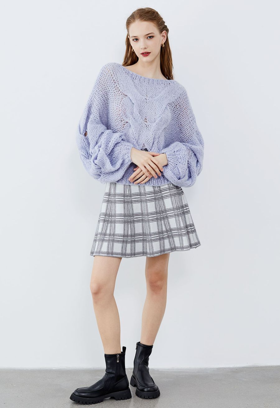 Hand-Knit Puff Sleeves Sweater in Blue