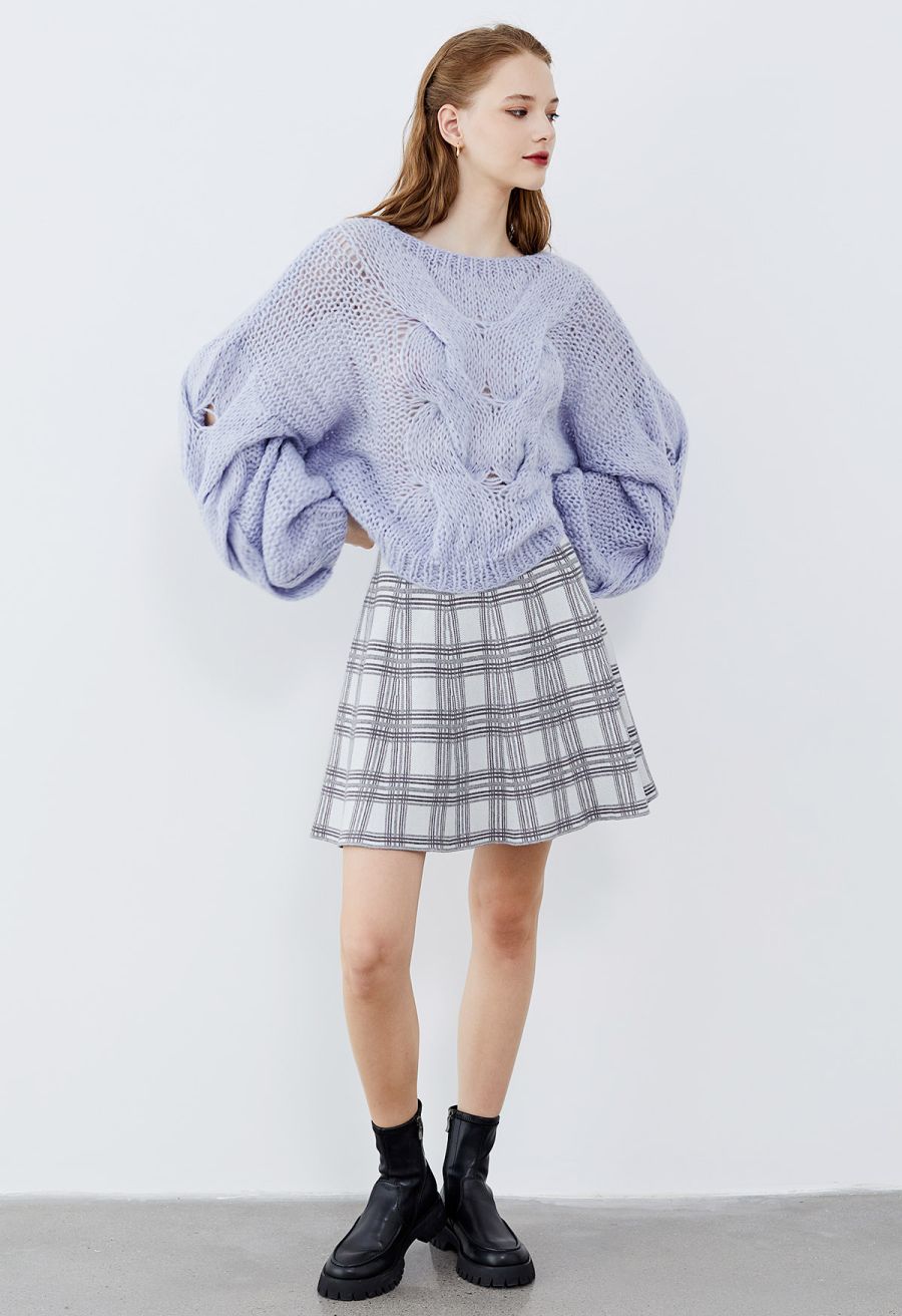 Hand-Knit Puff Sleeves Sweater in Blue