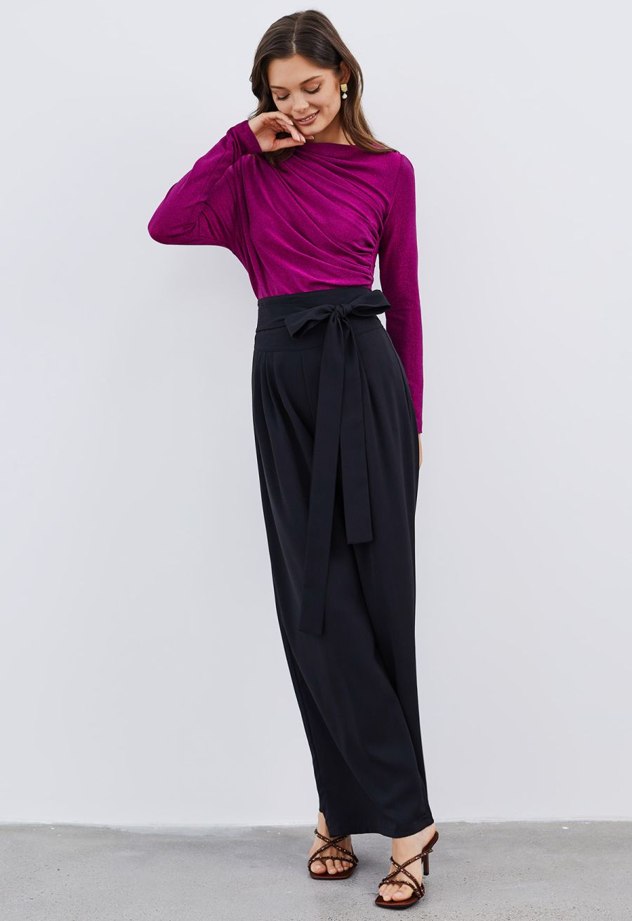 Bowknot High Waist Wide-Leg Pants in Black