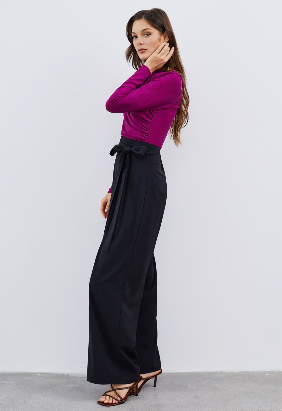 Bowknot High Waist Wide-Leg Pants in Black